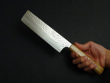 Load image into Gallery viewer, KICHIJI HAYABUSA VG-10 HAMMERED NAKIRI KNIFE 170MM OCTAGONAL MONO OLIVE HANDLE
