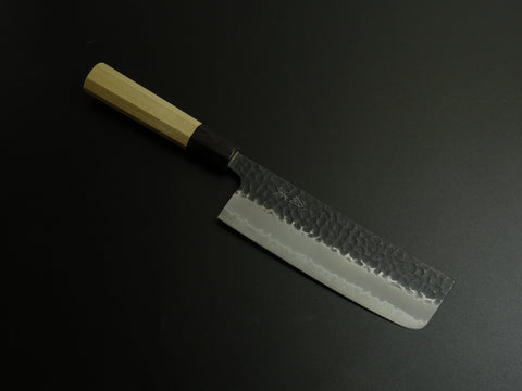 OUL AOGAMI SUPER STAINLESS CLAD KUROUCHI HAMMERED NAKIRI 165MM OCTAGONAL MAGNOLIA WOOD HANDLE