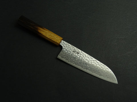 KICHIJI GINSAN DAMASCUS HAMMERED SANTOKU 170MM OCTAGONAL OAKWOOD HANDLE