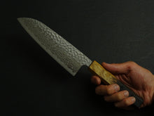 Load image into Gallery viewer, KICHIJI GINSAN DAMASCUS HAMMERED SANTOKU 170MM OCTAGONAL OAKWOOD HANDLE

