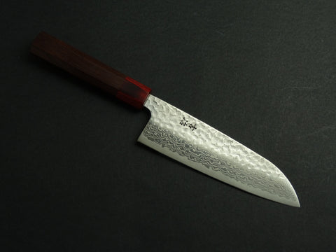 KICHIJI GINSAN DAMASCUS HAMMERED SANTOKU 170MM OCTAGONAL ROSEWOOD HANDLE