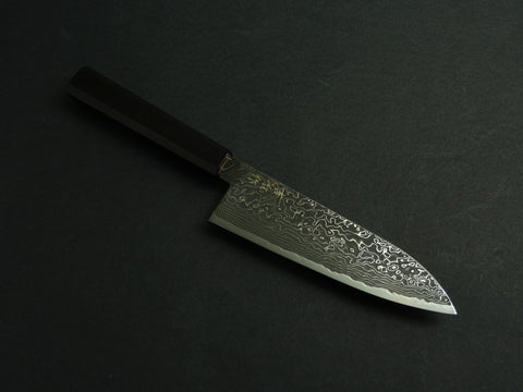 KICHIJI RYUHYO KUROZOME SG2 DAMASCUS SANTOKU 175MM OCTAGONAL MONO EBONY HANDLE