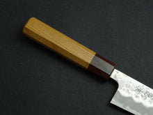 Load image into Gallery viewer, OUL SHIROGAMI 2 STAINLESS CLAD HAMMERED GYUTO 180MM OCTAGONAL KEYAKI/ZELKOVA HANDLE*

