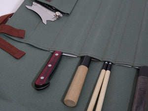 COMO+KATABA WASABI COLOUR CANVAS KNIFE ROLL WITH BROWN COTTON STRAP