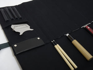 COMO+KATABA HANDMADE HIGH QUALITY CANVAS KNIFE ROLL / LEATHER FLAP POCKET WITH SINGLE LEATHER FITTINGS