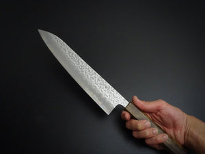 OUL SHIROGAMI-1 STAINLESS CLAD HAMMERED GYUTO 240MM BLACK OAK HANDLE