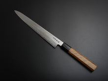 Load image into Gallery viewer, HATSUGOKORO AOGAMI-1 DAMASCUS SUJIHIKI 240MM WITH OCTAGONAL WALNUT HANDLE FORGED BY SATOSHI NAKAGAWA
