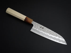 KICHIJI SHIROGAMI-1 / STAINLESS CLAD HAMMERED SANTOKU 165MM OCTAGONAL HANDLE