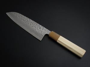 KICHIJI SHIROGAMI-1 / STAINLESS CLAD HAMMERED SANTOKU 165MM OCTAGONAL HANDLE