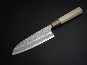 KICHIJI SHIROGAMI-1 / STAINLESS CLAD HAMMERED SANTOKU 165MM OCTAGONAL HANDLE