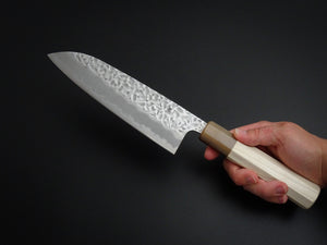 KICHIJI SHIROGAMI-1 / STAINLESS CLAD HAMMERED SANTOKU 165MM OCTAGONAL HANDLE