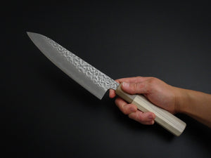 KICHIJI SHIROGAMI-1 / STAINLESS CLAD HAMMERED GYUTO 180MM OCTAGONAL HANDLE