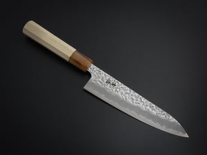 KICHIJI SHIROGAMI-1 / STAINLESS CLAD HAMMERED GYUTO 180MM OCTAGONAL HANDLE