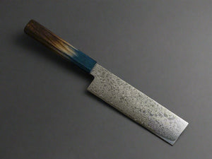 KICHIJI ZAD AUS-10 45 LAYER DAMASCUS NAKIRI 160MM OCTAGONAL AKATSUKI (BURNT & DYED)  HANDLE