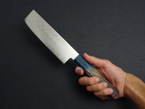 KICHIJI ZAD AUS-10 45 LAYER DAMASCUS NAKIRI 160MM OCTAGONAL AKATSUKI (BURNT & DYED)  HANDLE