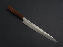 Load image into Gallery viewer, KICHIJI 440C HAMMERED DAMASCUS SUJIHIKI 240MM OAK/BAIKOKU HANDLE
