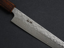 Load image into Gallery viewer, KICHIJI 440C HAMMERED DAMASCUS SUJIHIKI 240MM OAK/BAIKOKU HANDLE
