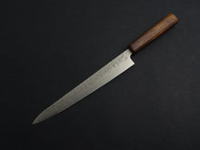 Load image into Gallery viewer, KICHIJI 440C HAMMERED DAMASCUS SUJIHIKI 240MM OAK/BAIKOKU HANDLE
