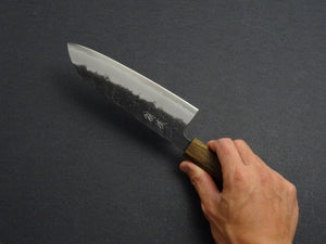 OUL AOGAMI SUPER KUROUCHI NASHIJI STAINLESS CLAD SANTOKU 170MM BLACK OAK HANDLE