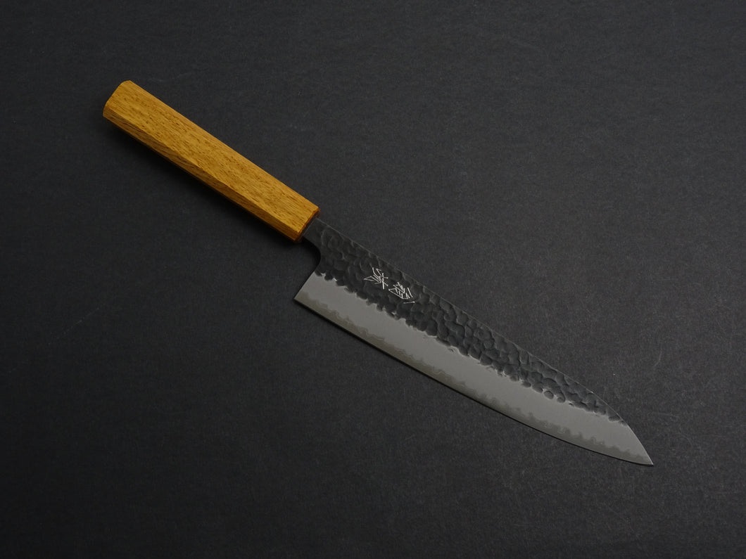 OUL AOGAMI SUPER KUROUCHI HAMMERED STAINLESS CLAD GYUTO 210MM OCTAGONAL OAK HANDLE