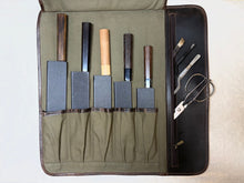 Load image into Gallery viewer, KATABA CANVAS KNIFE ROLL WITH LEATHER BELT (5 POCKETS + 1 ZIPPER POCKET)
