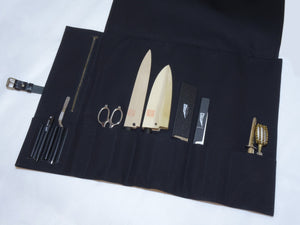 COMO+KATABA HANDMADE HIGH QUALITY CANVAS KNIFE ROLL WITH SINGLE LEATHER FITTINGS / TYPE 2 with zipper