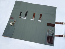 Load image into Gallery viewer, COMO+KATABA HANDMADE HEAVYWEIGHT CANVAS KNIFE ROLL WITH DOUBLE LEATHER FITTINGS AND HANDLE

